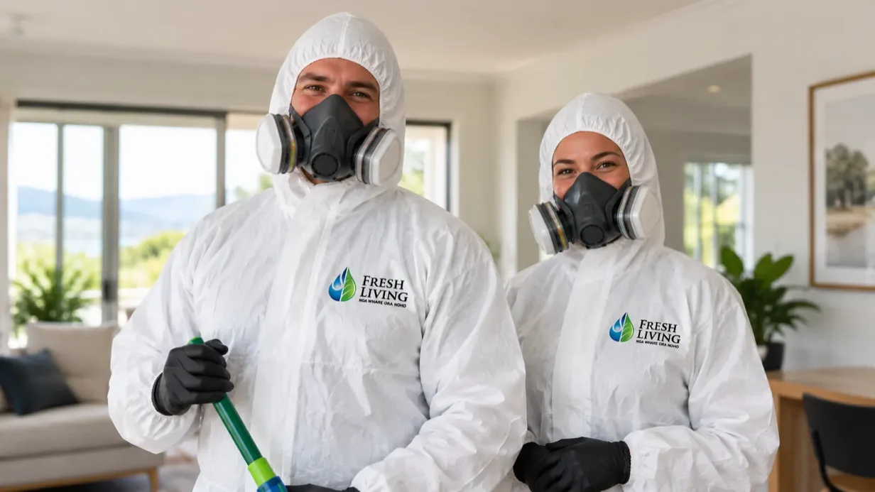 Two Fresh Living technicians in protective coveralls and respirators, standing in the living room of a home
